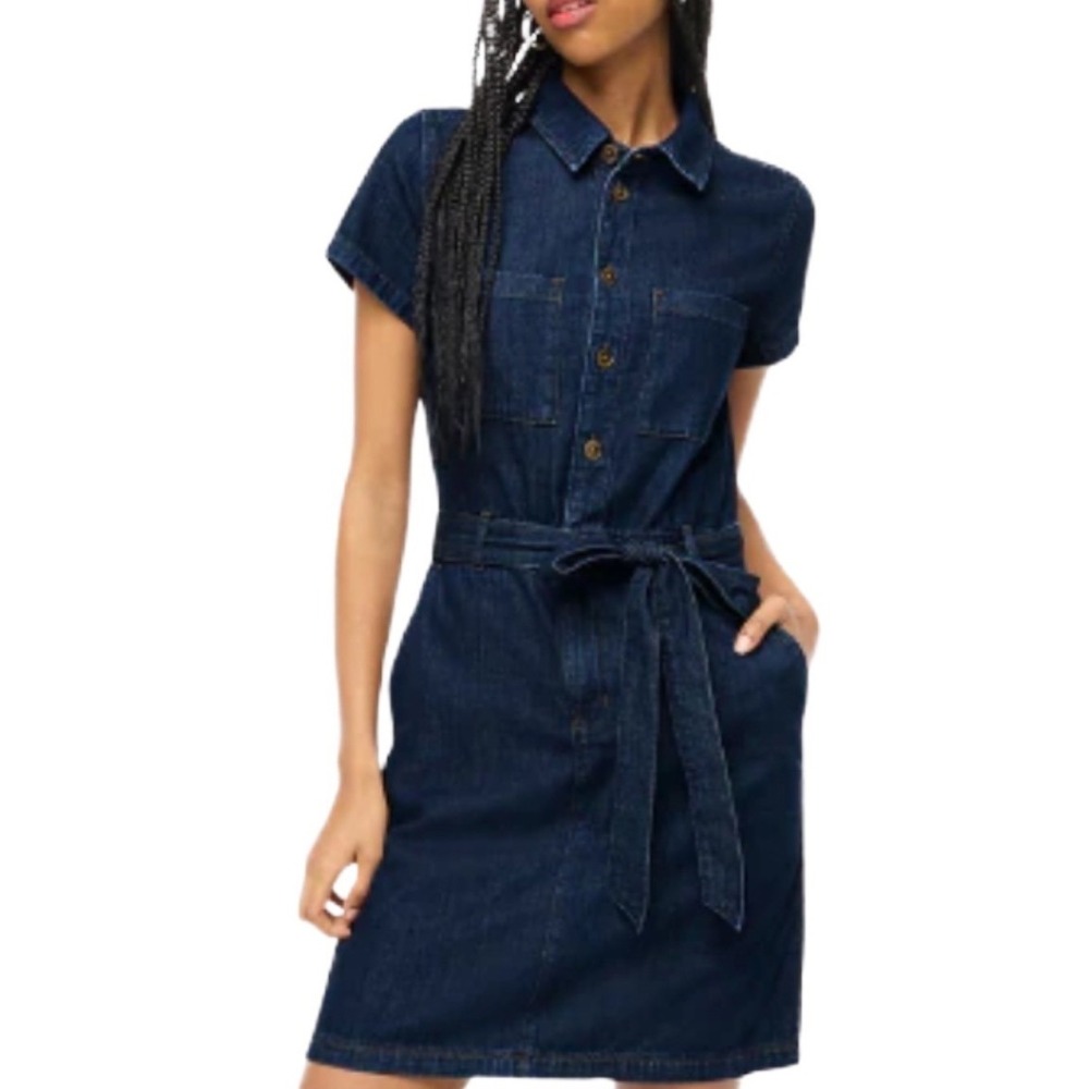 J. Crew Denim Tie Waist Mini Dress Dark Blue Women's Size‎ 0 EUC